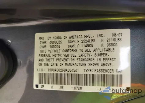 2008 Acura Tl 3.2 из США, поврежденный, VIN 19UUA66268A004541